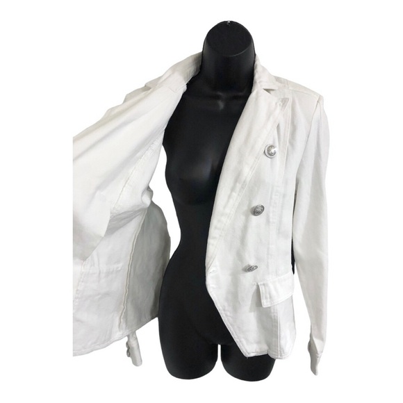 White stretch denim double breasted military style jean‎ jacket size medium new - Picture 9 of 16
